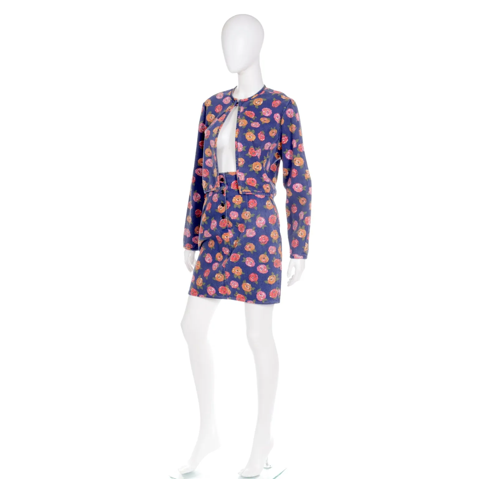 1980s Ungaro Floral Denim Jacket and Mini Skirt Two Piece Suit