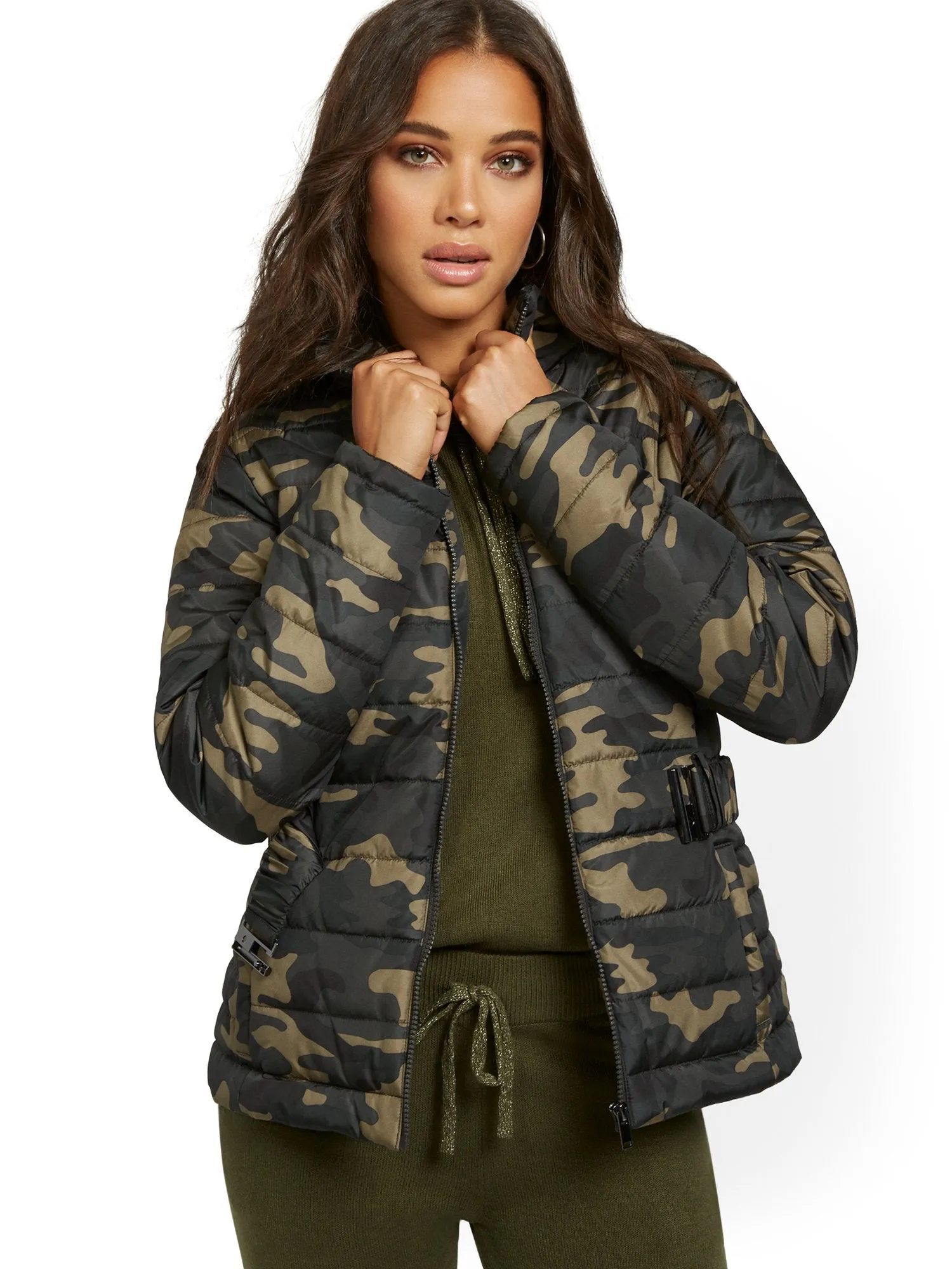 Camo-Print Belted Puffer Jacket