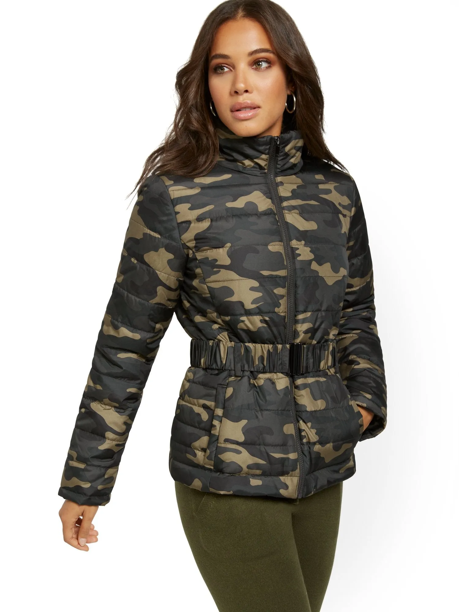 Camo-Print Belted Puffer Jacket