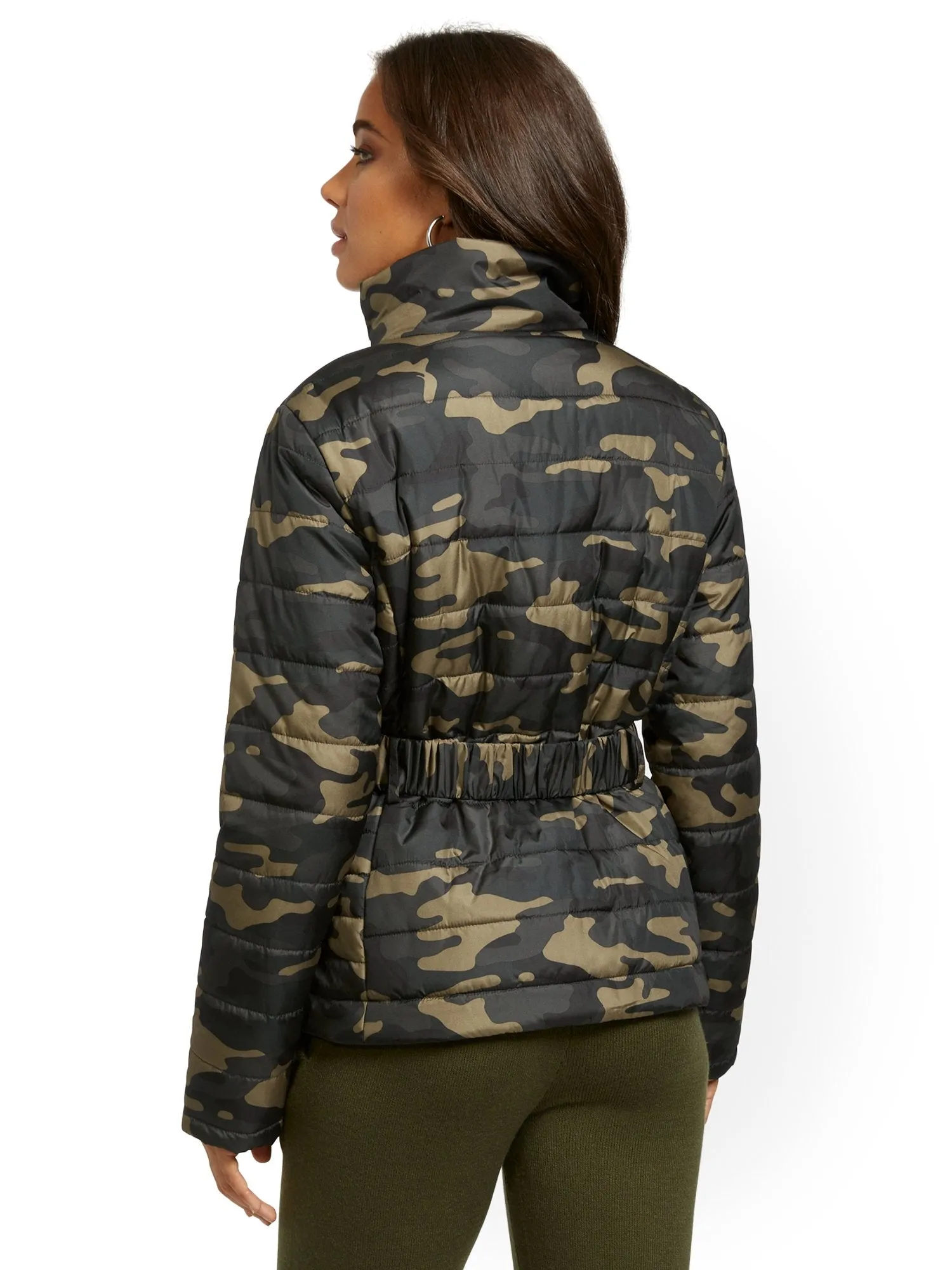 Camo-Print Belted Puffer Jacket