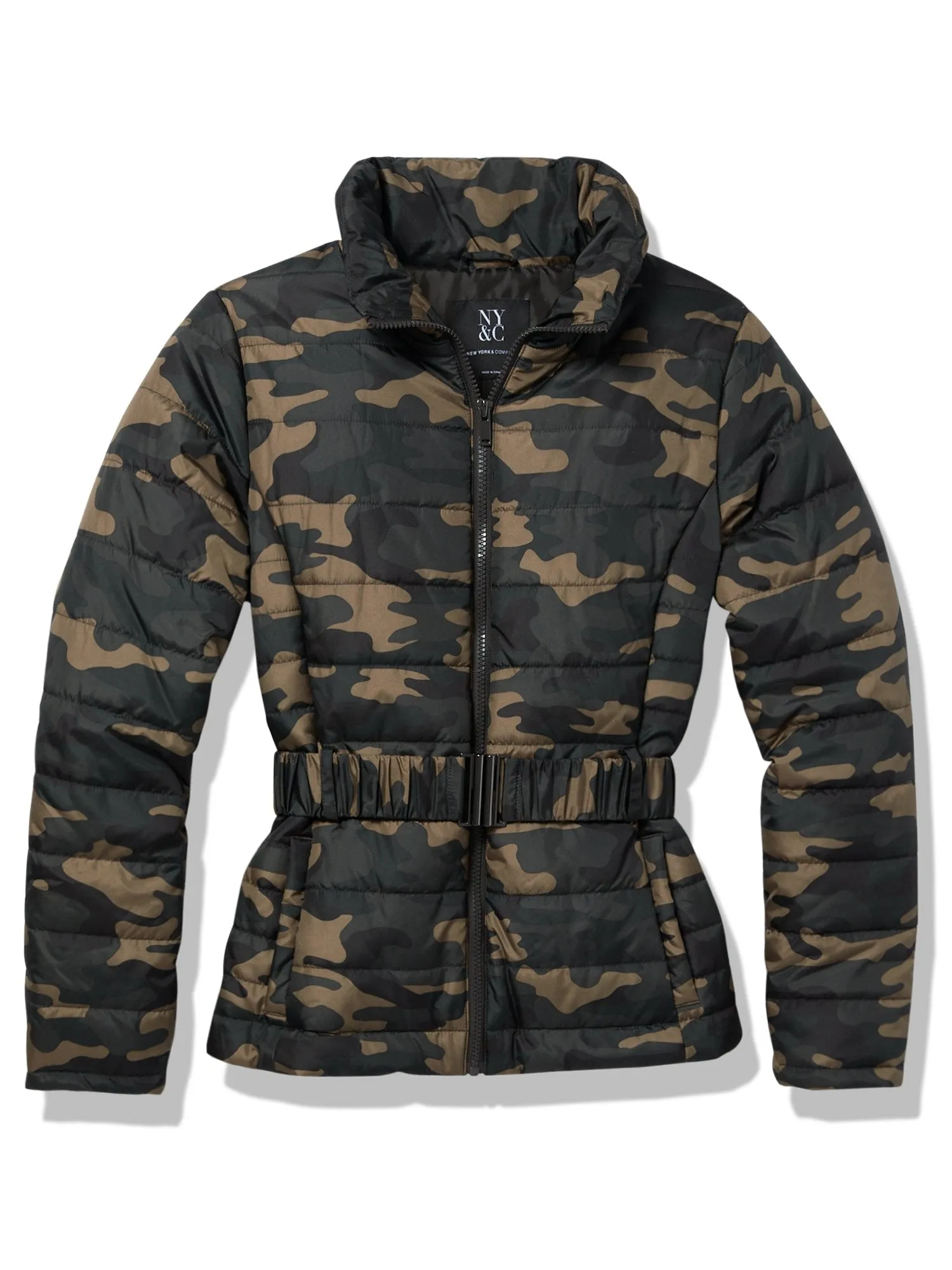 Camo-Print Belted Puffer Jacket