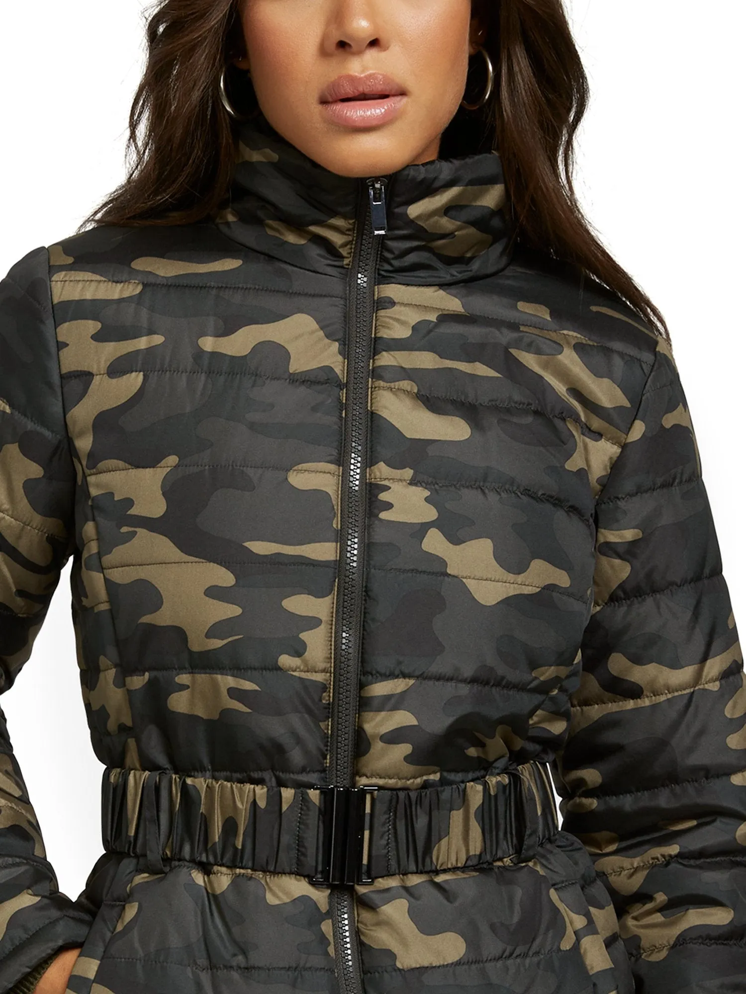 Camo-Print Belted Puffer Jacket