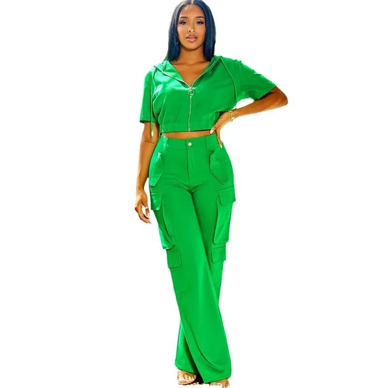 European And American Fashion Casual Set Women's Short-sleeved Workwear With Pocket Trousers Women's Two-piece Suit