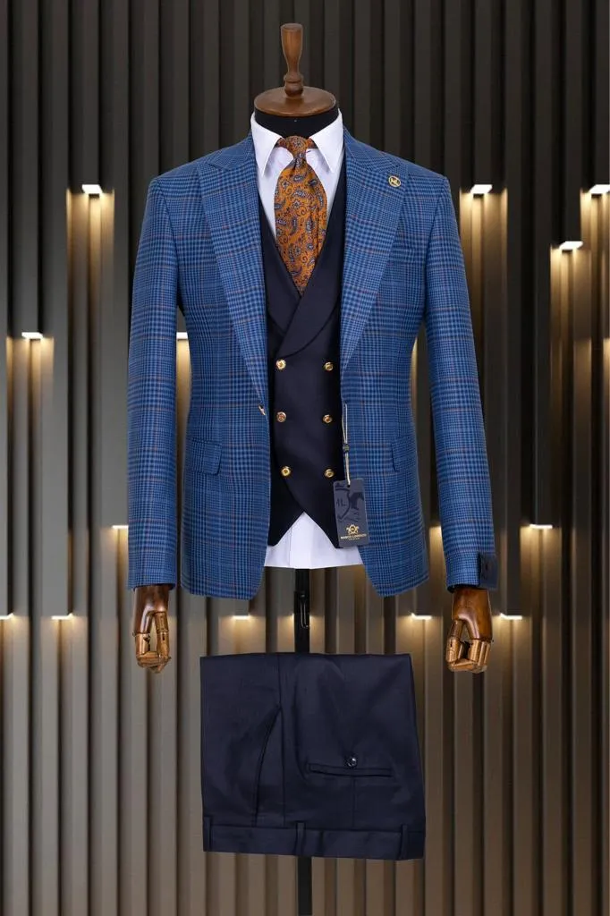 Marco Lorenzo Premium Navy & Blue Plaid Compose 3pc Slim Fit Suit