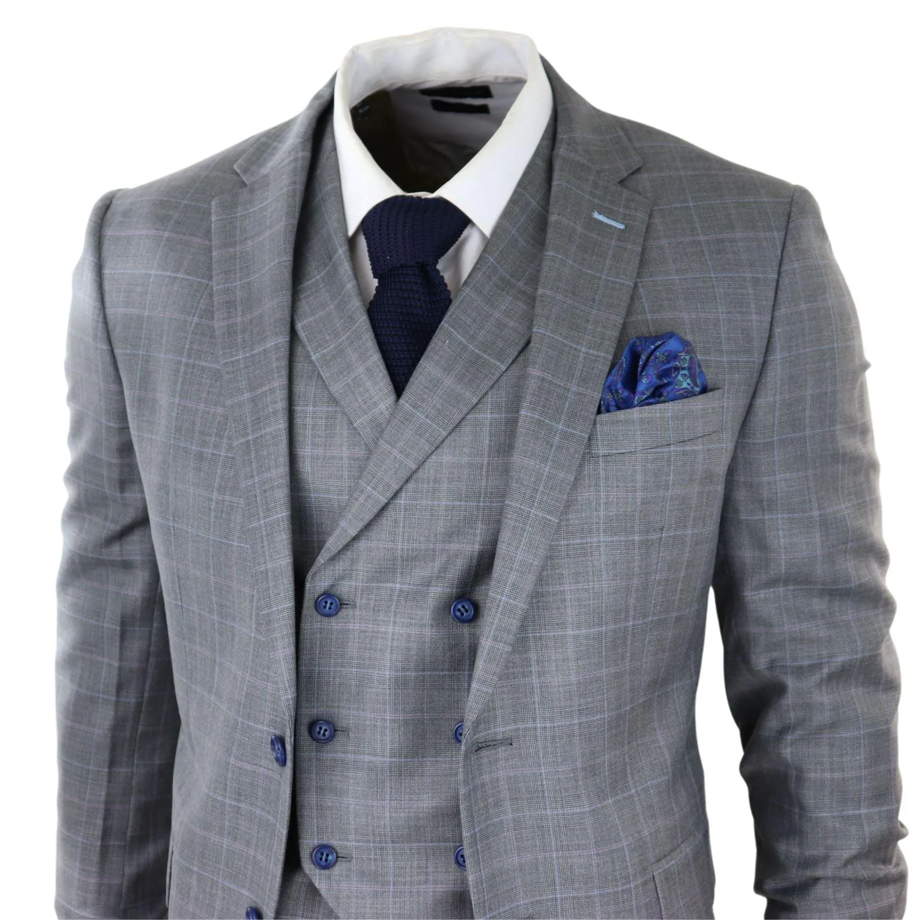 Mens Light Grey 3 Piece Suit Blue Check Double Breast Waistcoat Office Wedding Prom