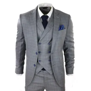 Mens Light Grey 3 Piece Suit Blue Check Double Breast Waistcoat Office Wedding Prom