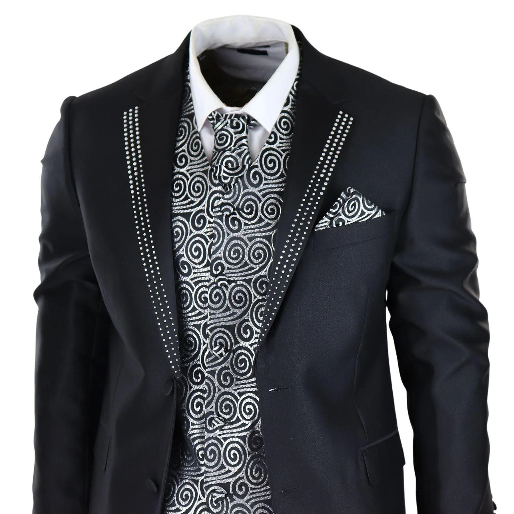 Mens Wedding 3 Piece Black Suit Diamonte Silver Cravat Waistcoat Groom Bestman