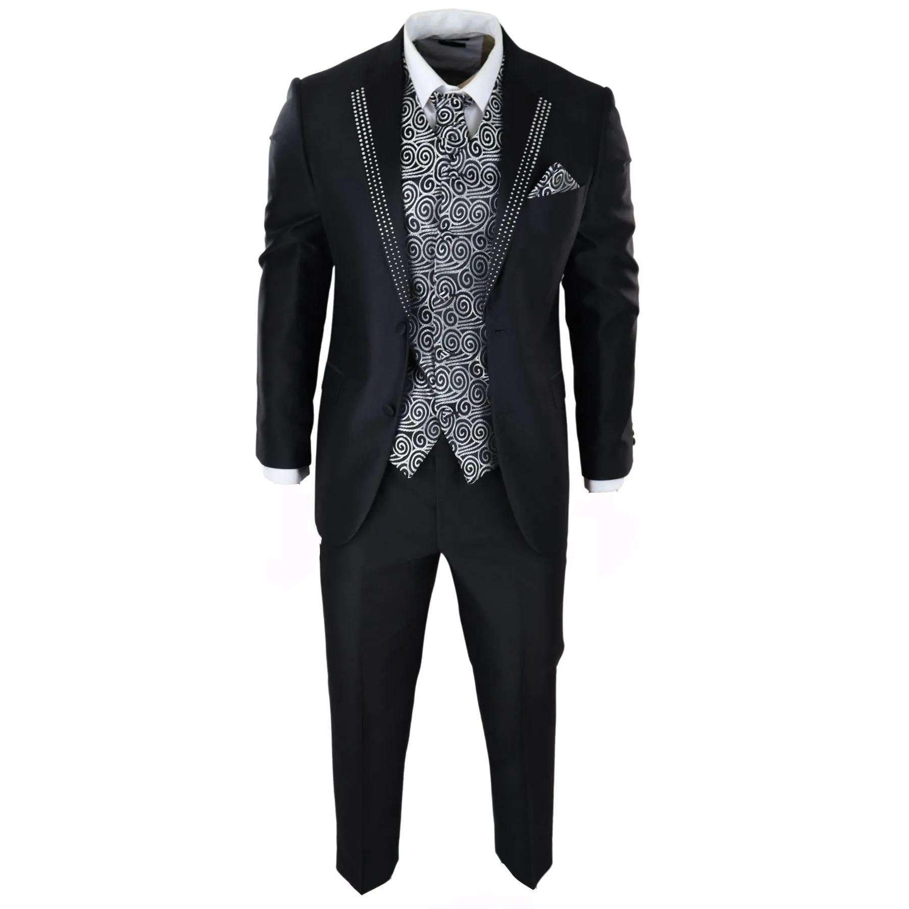 Mens Wedding 3 Piece Black Suit Diamonte Silver Cravat Waistcoat Groom Bestman