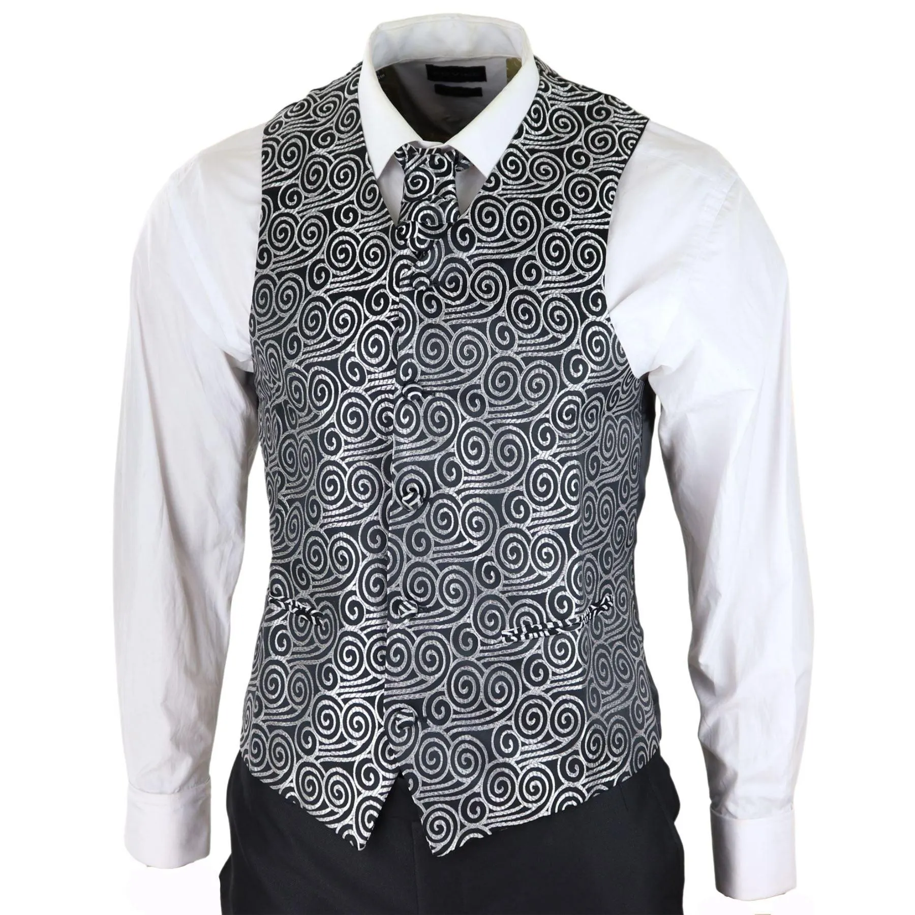 Mens Wedding 3 Piece Black Suit Diamonte Silver Cravat Waistcoat Groom Bestman