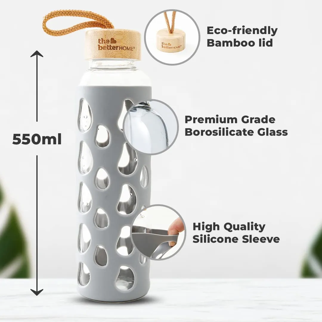 The Better Home Borosilicate Glass Water Bottle with Sleeve (550ml) | Non Slip Silicon Sleeve & Bamboo Lid | Water Bottles for Fridge | Grey (Pack of 50)